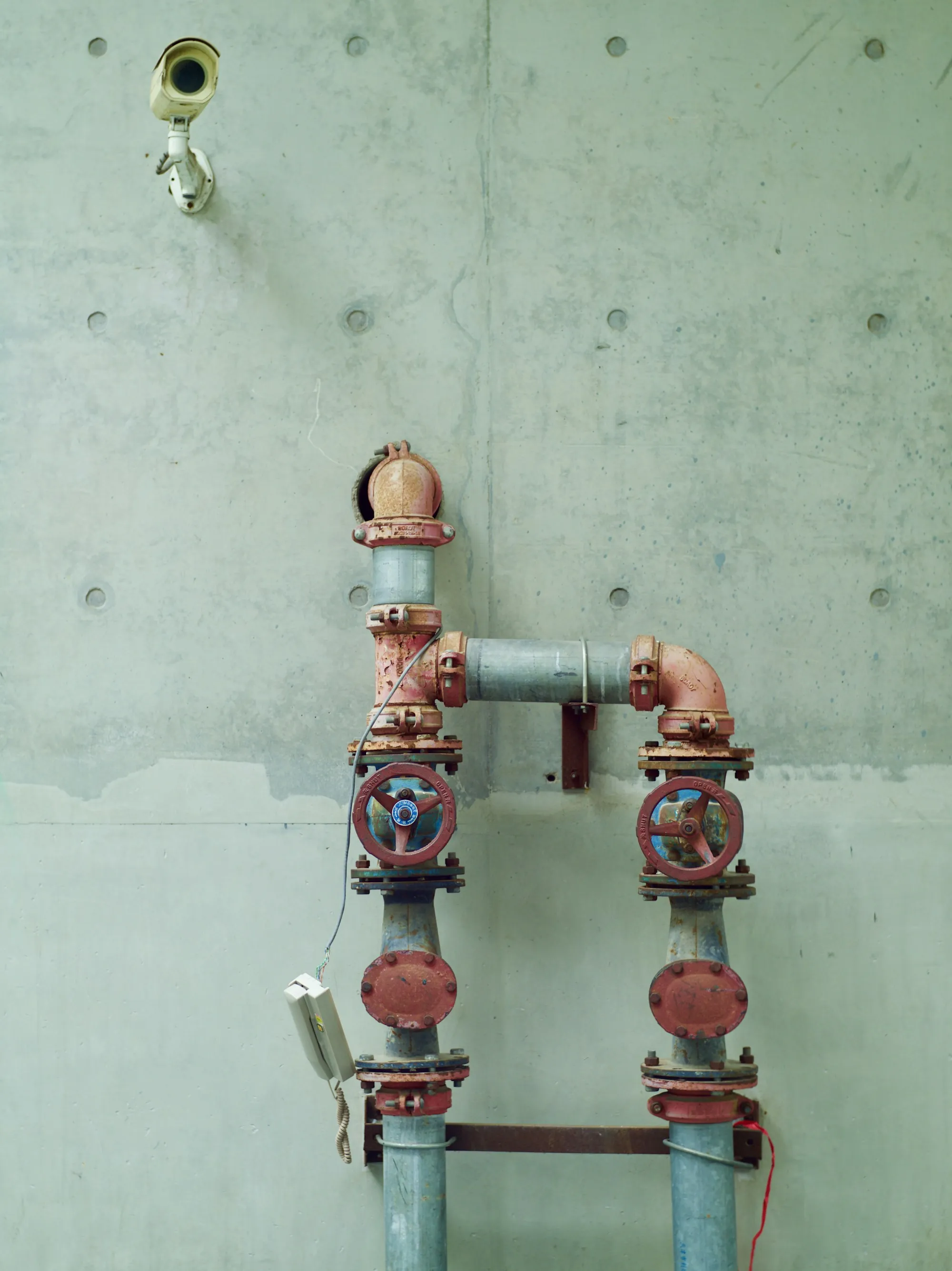 Copper and steel water pipes with valves on a green wall